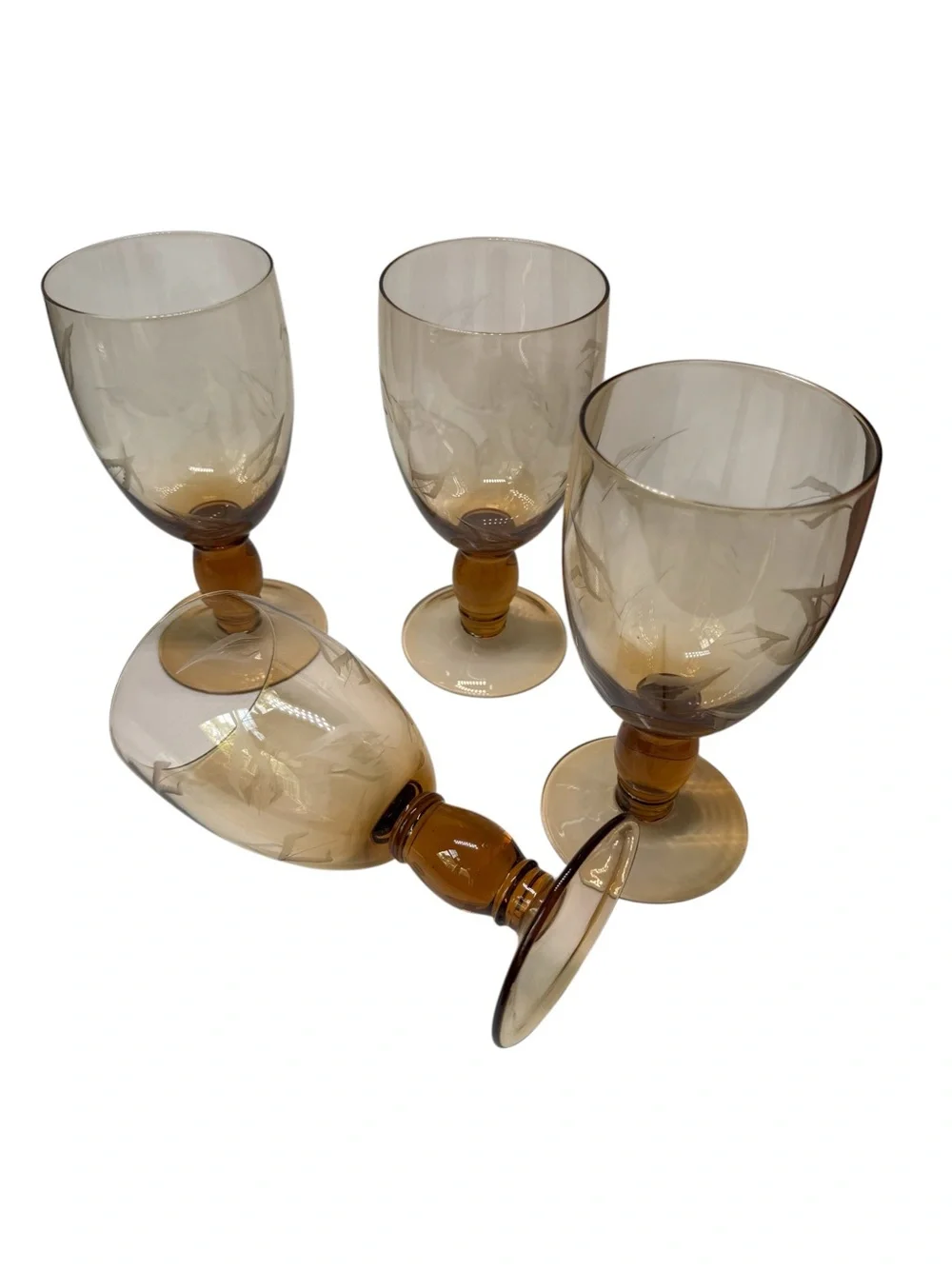 Set of 4 Pier 1 Etched leaf amber water wine glasses 8”